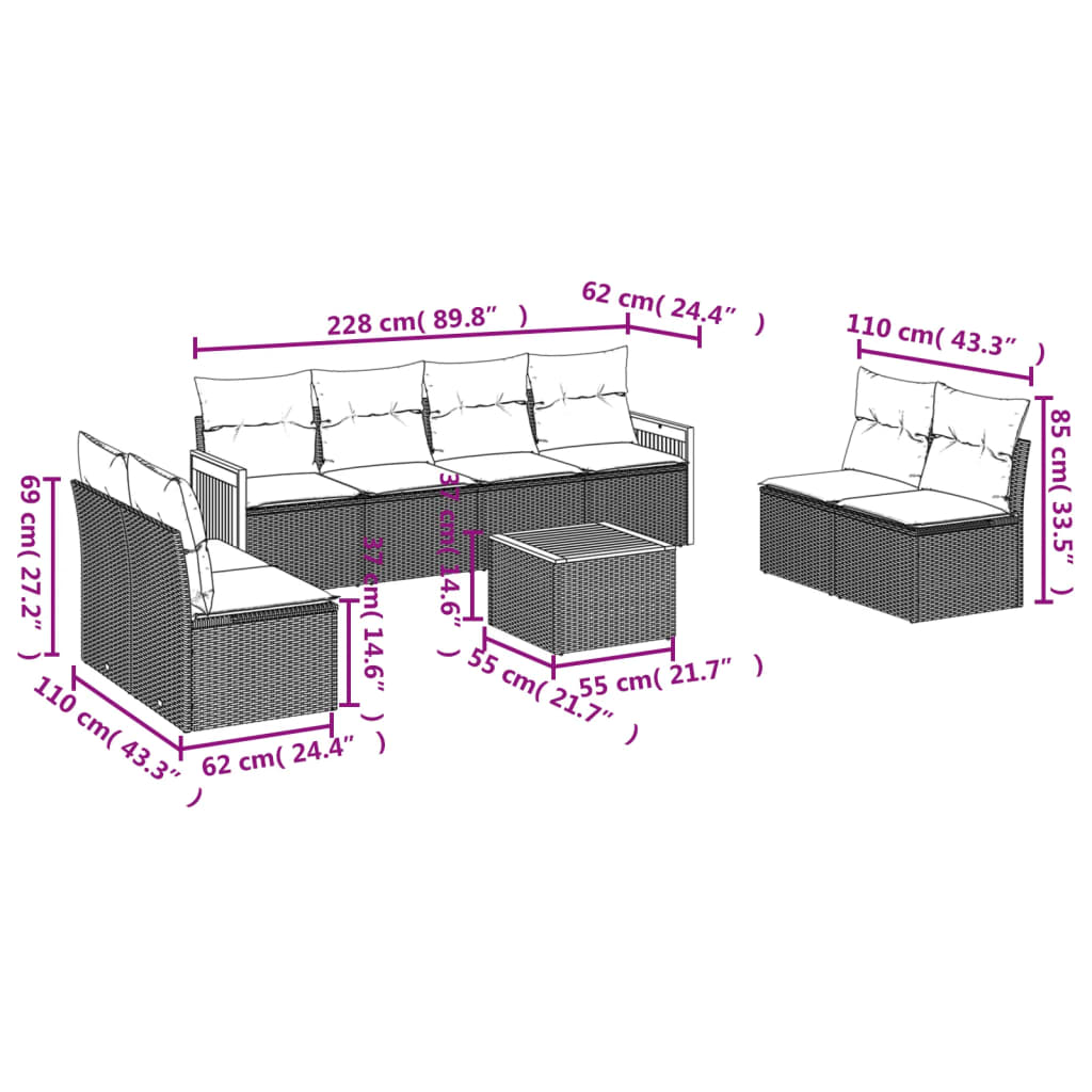 9-teiliges Gartensofa-Set mit Kissen, grau, Polyrattan