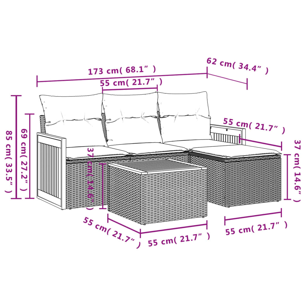 5-teiliges Gartensofa-Set mit Kissen, grau, Polyrattan