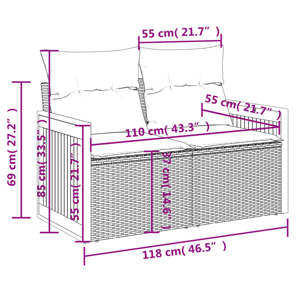 6-teiliges Gartensofa-Set mit Kissen, schwarzes Polyrattan