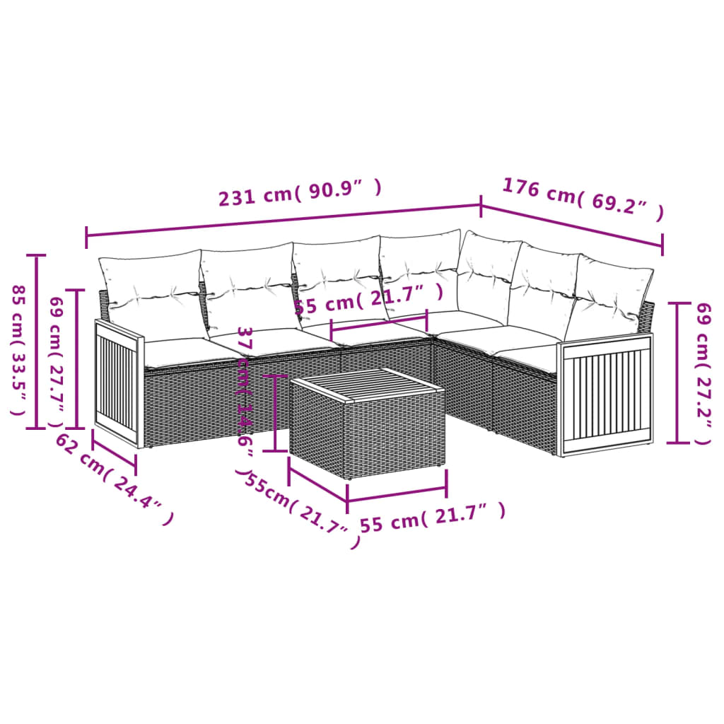 7-teiliges Gartensofa-Set mit Kissen, grau, Polyrattan