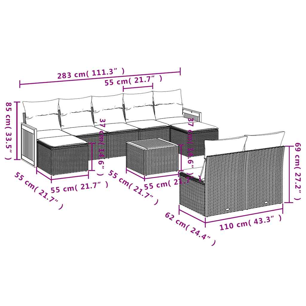 10-tlg. Garten-Sofagarnitur mit Kissen Schwarz Poly Rattan