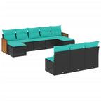 10-teiliges Gartensofa-Set mit Kissen, schwarzes Polyrattan