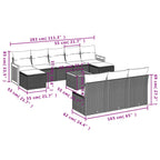 11-teiliges Gartensofa-Set mit Kissen, schwarzes Polyrattan