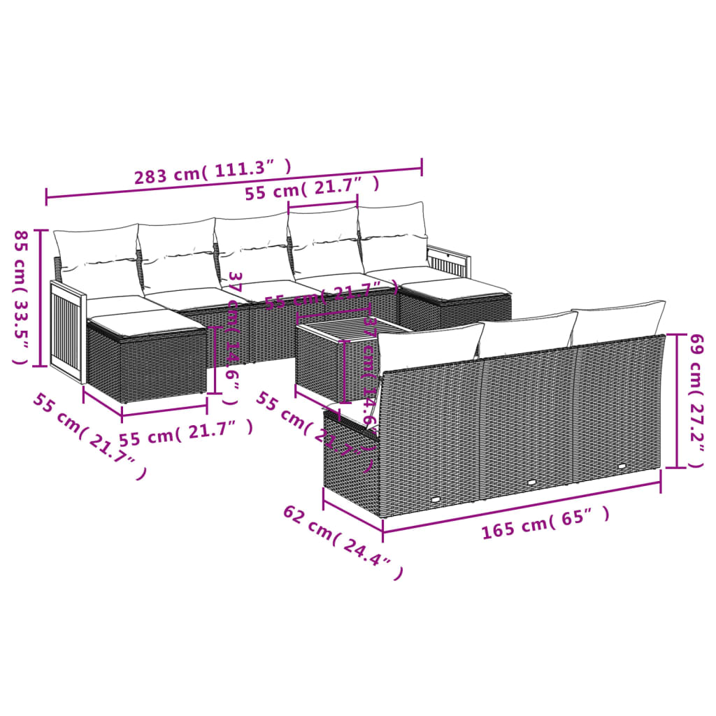 11-teiliges Gartensofa-Set mit Kissen, grau, Polyrattan