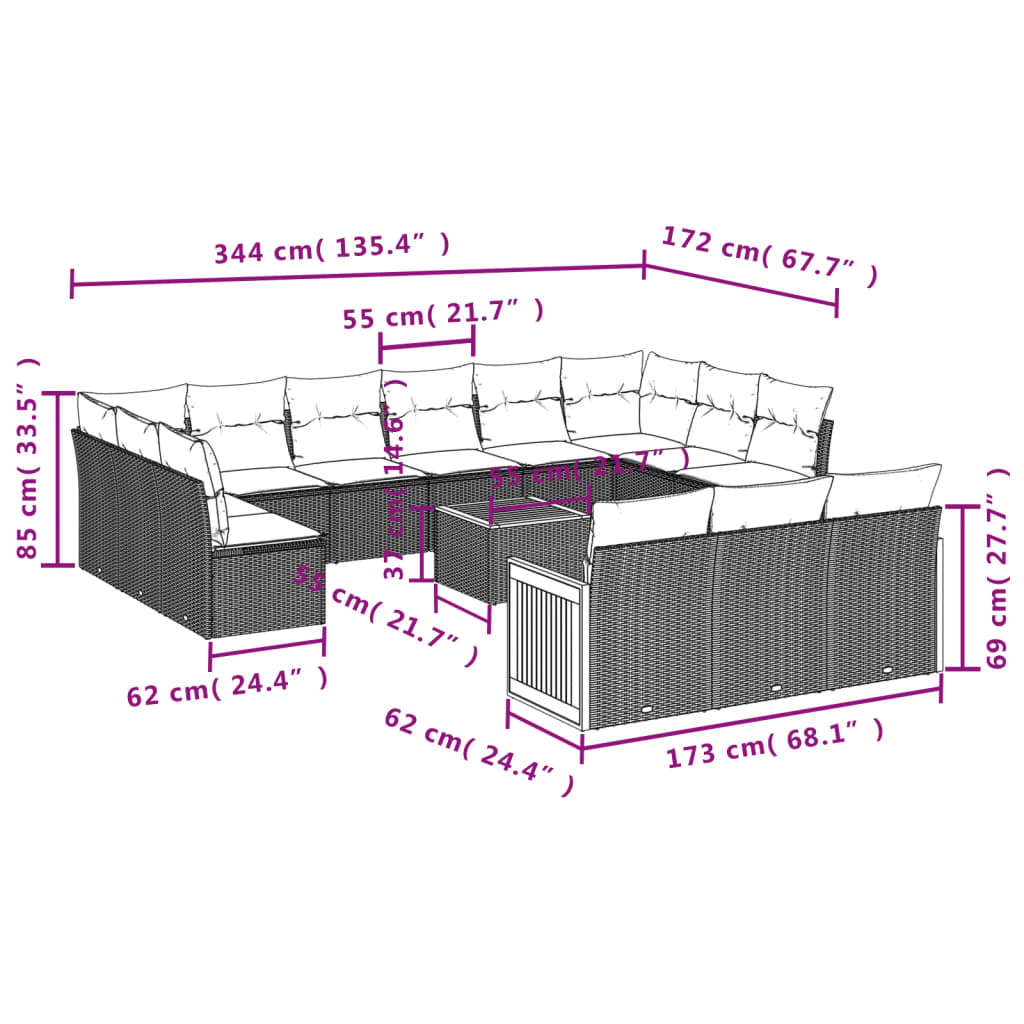 12-teiliges Gartensofa-Set mit Kissen, schwarzes Polyrattan