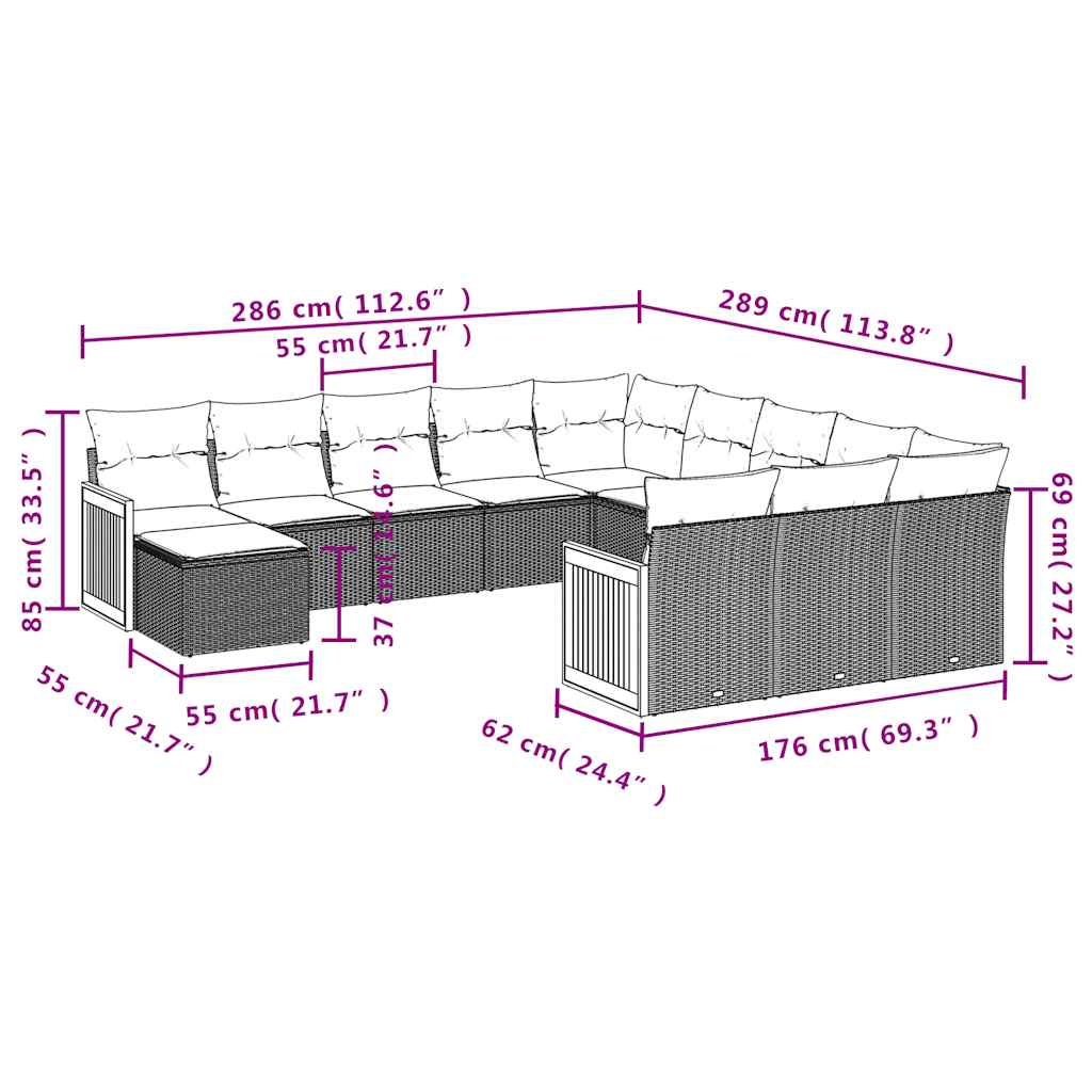12-tlg. Garten-Sofagarnitur mit Kissen Schwarz Poly Rattan