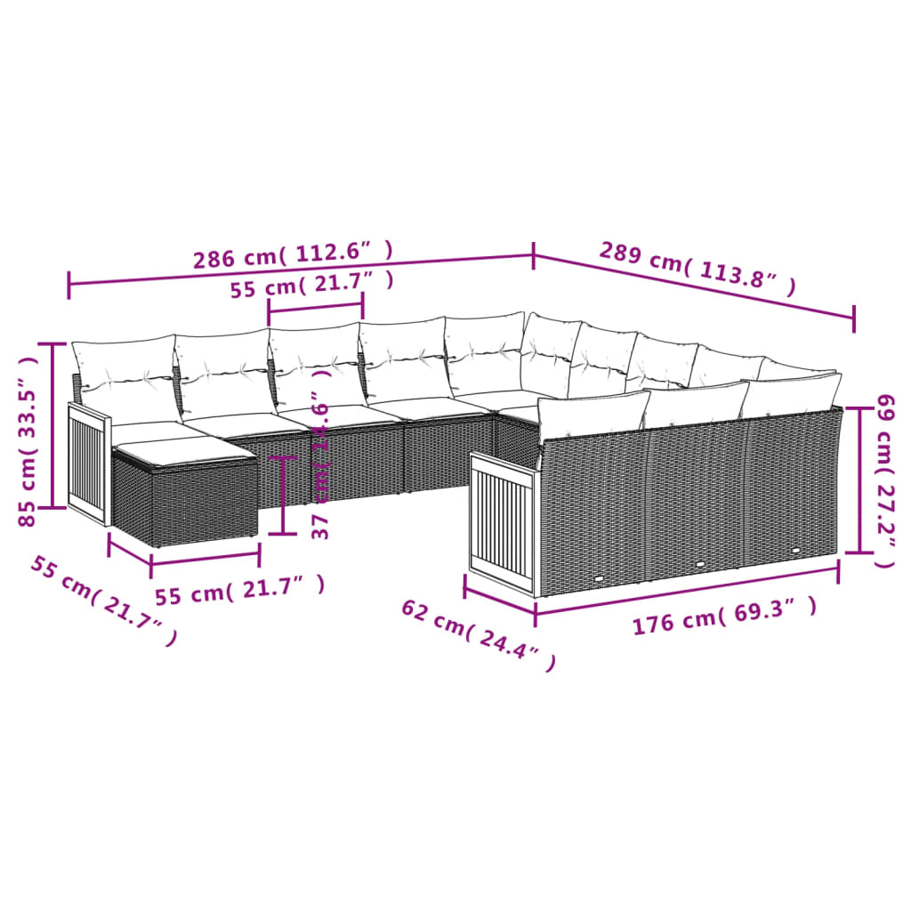 12-teiliges Gartensofa-Set mit Kissen, schwarzes Polyrattan