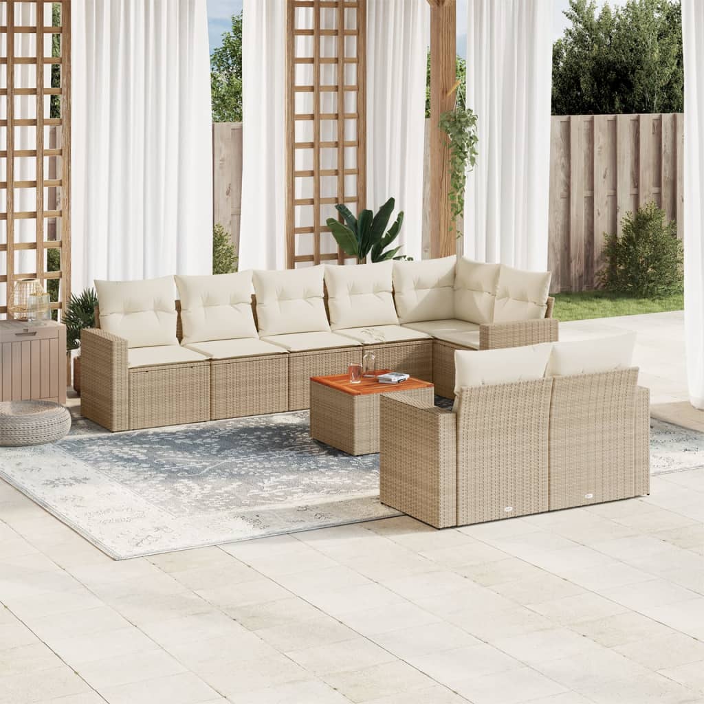 9-tlg. Garten-Sofagarnitur mit Kissen Beige Poly Rattan