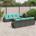 9-teiliges Gartensofa-Set mit Kissen, schwarzes Polyrattan