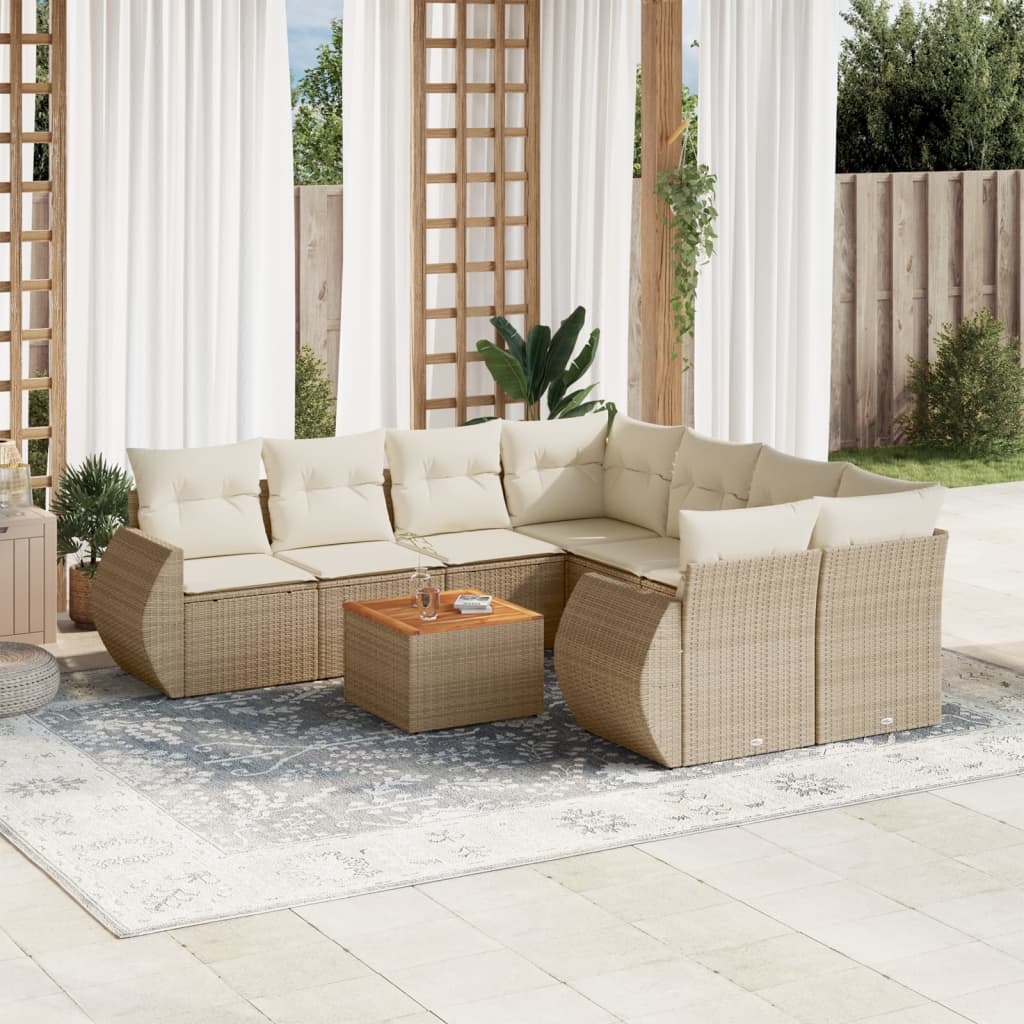 9-tlg. Garten-Sofagarnitur mit Kissen Beige Poly Rattan