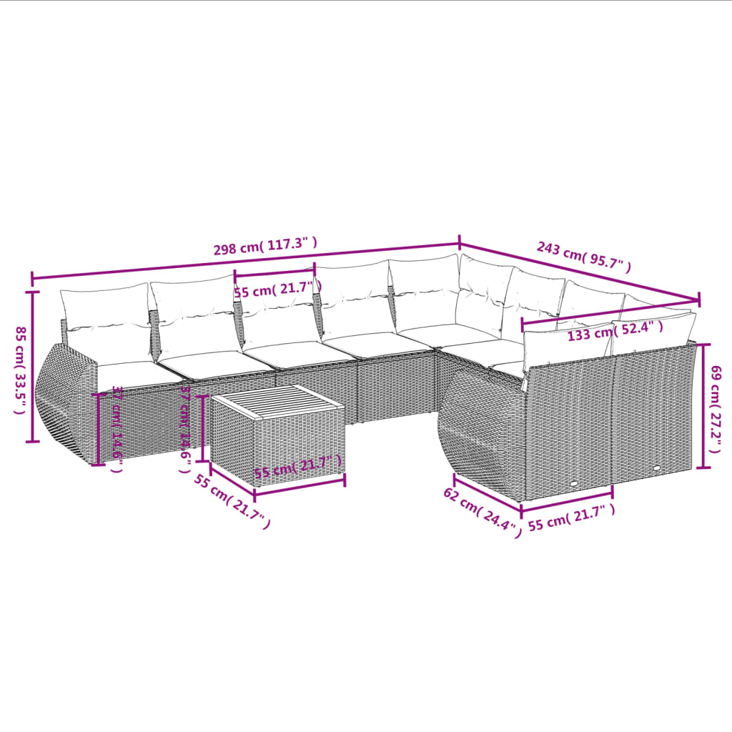10-teiliges Gartensofa-Set mit Kissen, schwarzes Polyrattan