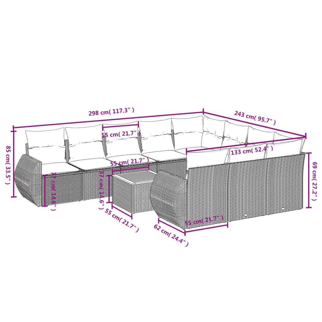 11-teiliges Gartensofa-Set mit Kissen, grau, Polyrattan