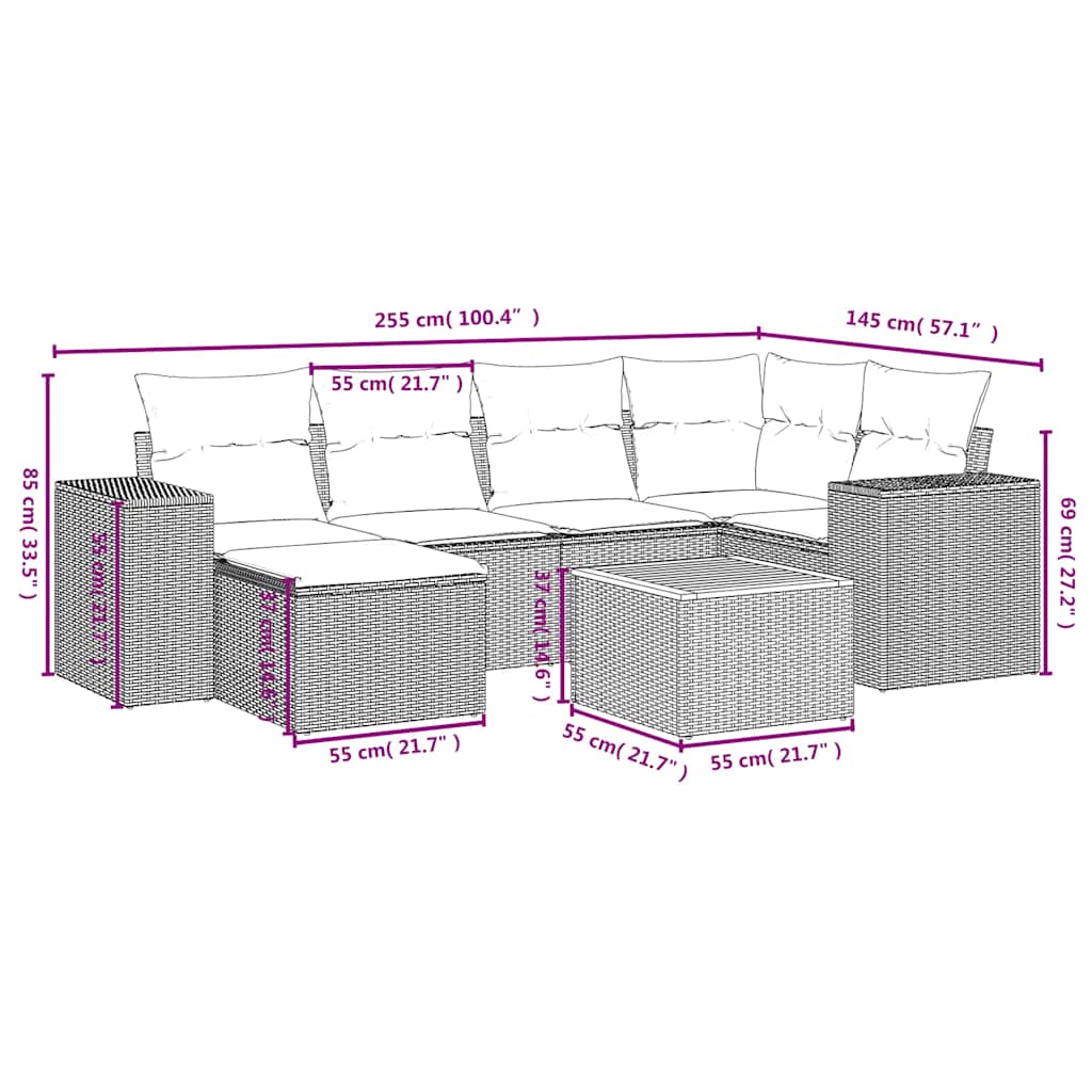 7-tlg. Garten-Sofagarnitur mit Kissen Schwarz Poly Rattan