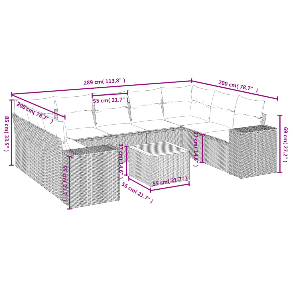 10-teiliges Gartensofa-Set mit Kissen, grau, Polyrattan