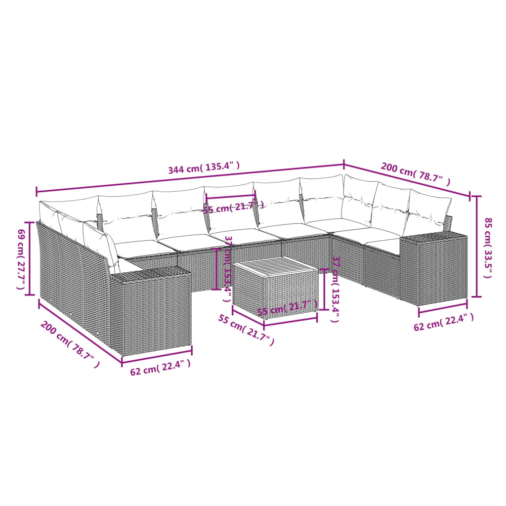 11-teiliges Gartensofa-Set mit Kissen, schwarzes Polyrattan