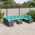 11-teiliges Gartensofa-Set mit Kissen, schwarzes Polyrattan