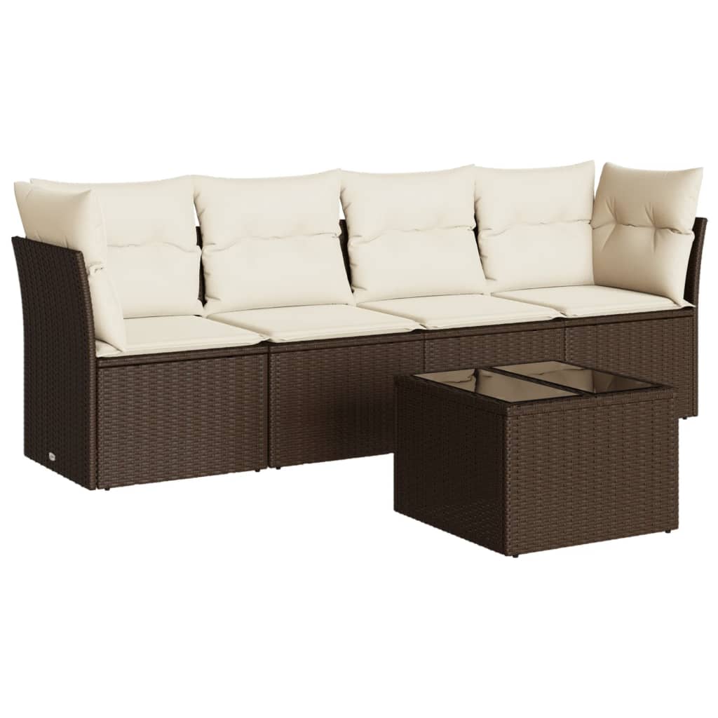 5-tlg. Garten-Sofagarnitur mit Kissen Braun Poly Rattan