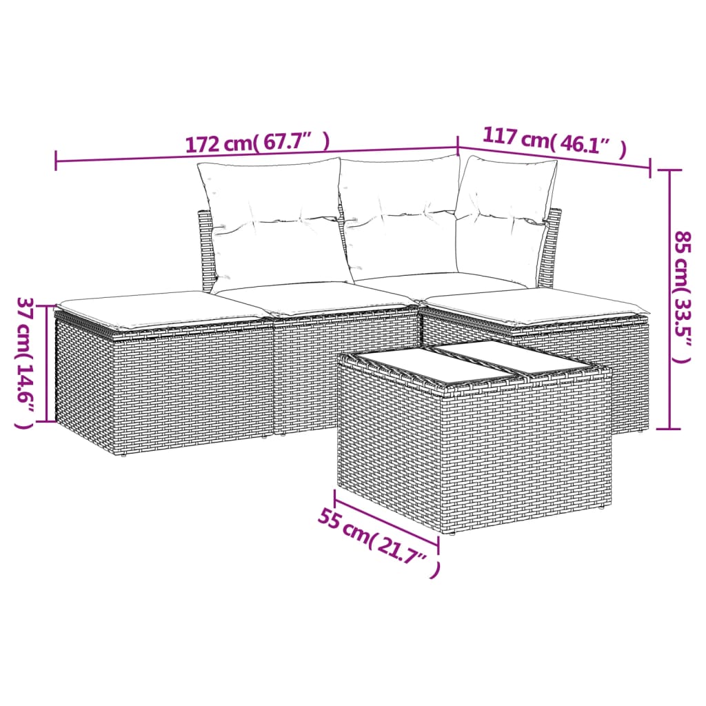 5-tlg. Garten-Sofagarnitur mit Kissen Braun Poly Rattan