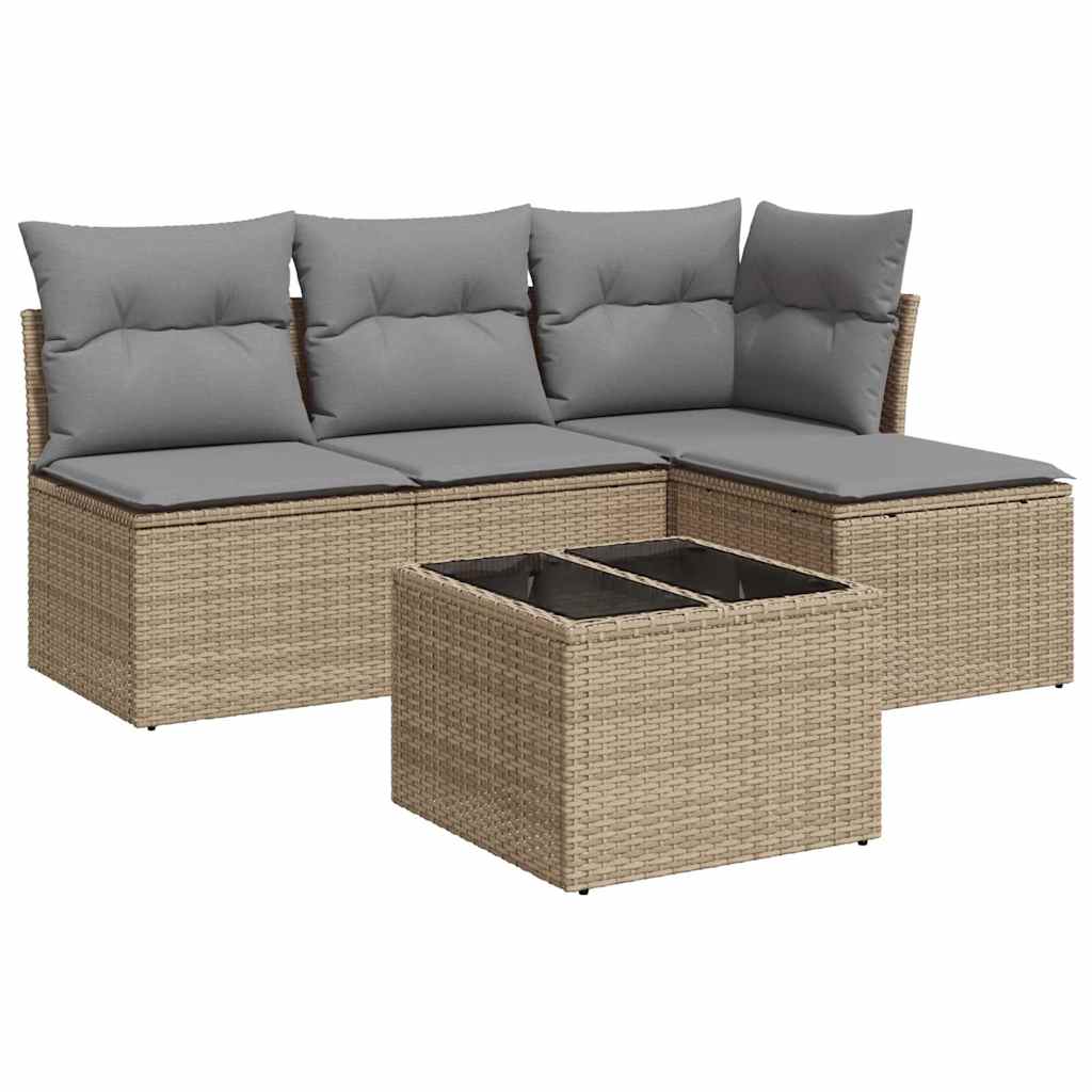 5-tlg. Garten-Sofagarnitur mit Kissen Beige Poly Rattan