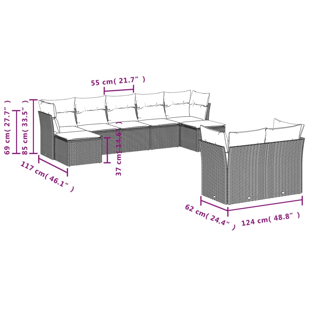 9-tlg. Garten-Sofagarnitur mit Kissen Grau Poly Rattan