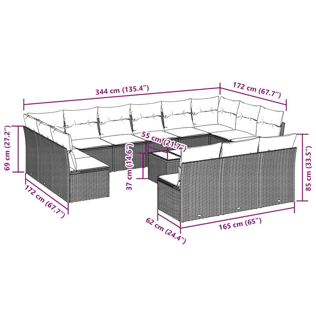 14-tlg. Garten-Sofagarnitur mit Kissen Hellgrau Poly Rattan