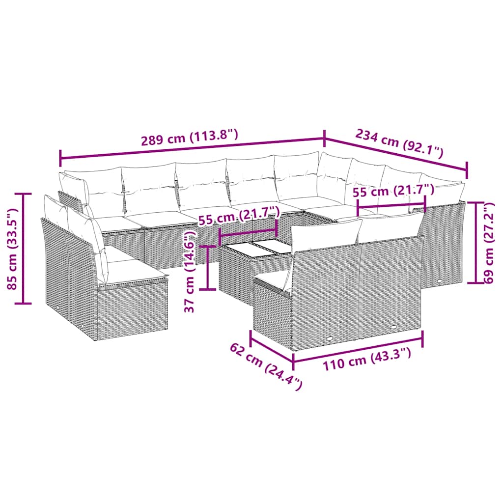 13-tlg. Garten-Sofagarnitur mit Kissen Hellgrau Poly Rattan