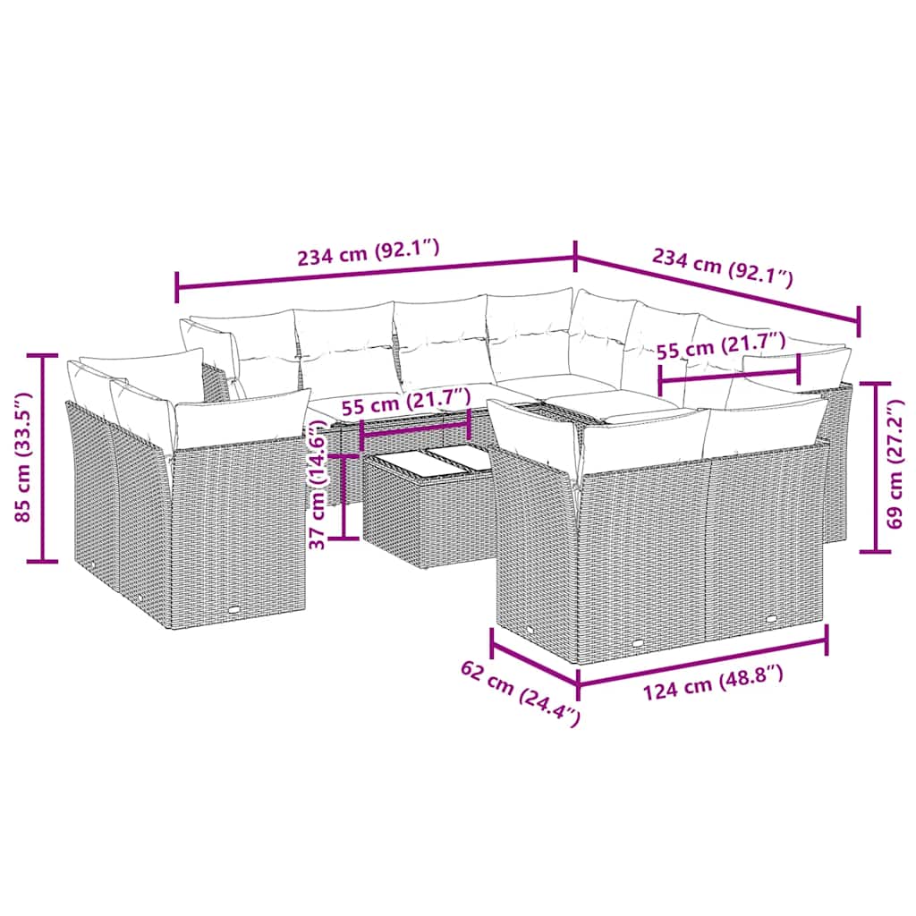 12-tlg. Garten-Sofagarnitur mit Kissen Schwarz Poly Rattan