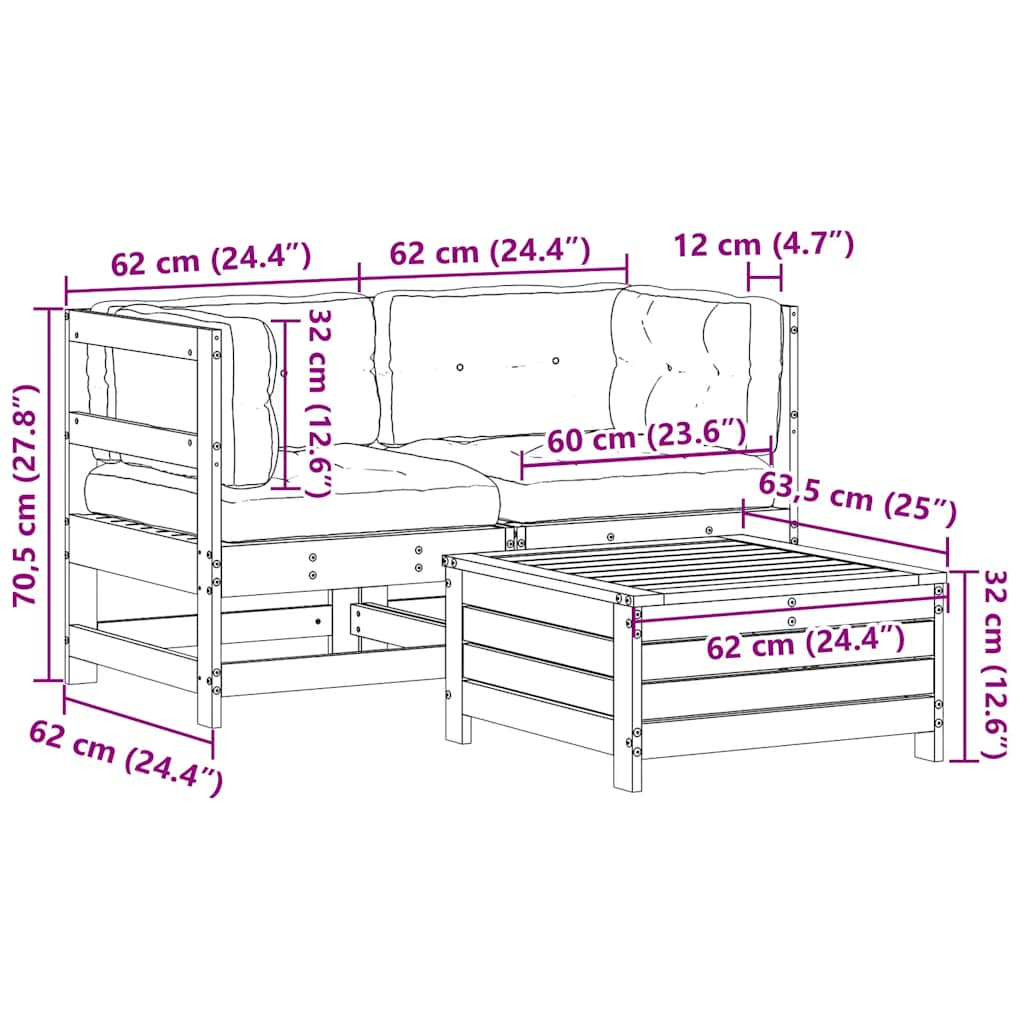 3-tlg. Garten-Lounge-Set mit Kissen Massivholz Kiefer