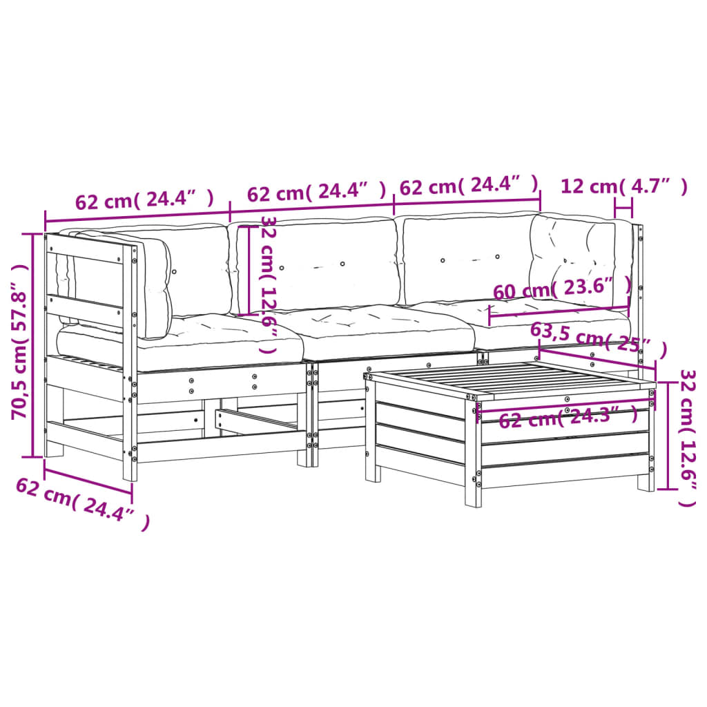 4-tlg. Garten-Lounge-Set mit Kissen Massivholz Kiefer