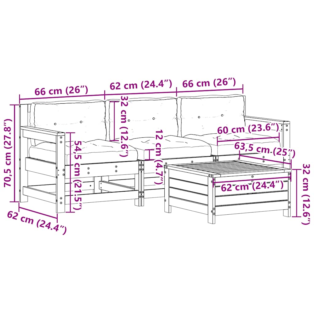 4-tlg. Garten-Lounge-Set mit Kissen Massivholz Kiefer