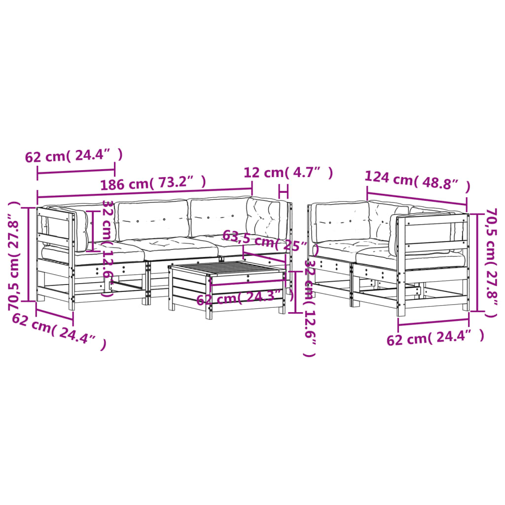 6-tlg. Garten-Lounge-Set mit Kissen Massivholz Kiefer