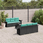 7-teiliges Gartensofa-Set mit Kissen, schwarzes Polyrattan