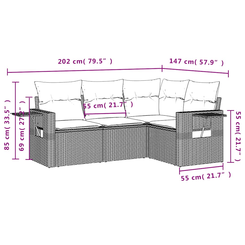 4-tlg. Garten-Sofagarnitur mit Kissen Braun Poly Rattan
