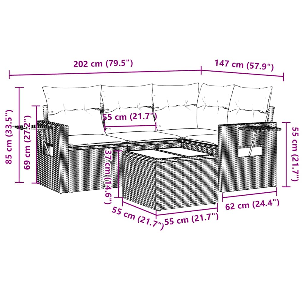 5-tlg. Garten-Sofagarnitur mit Kissen Hellgrau Poly Rattan