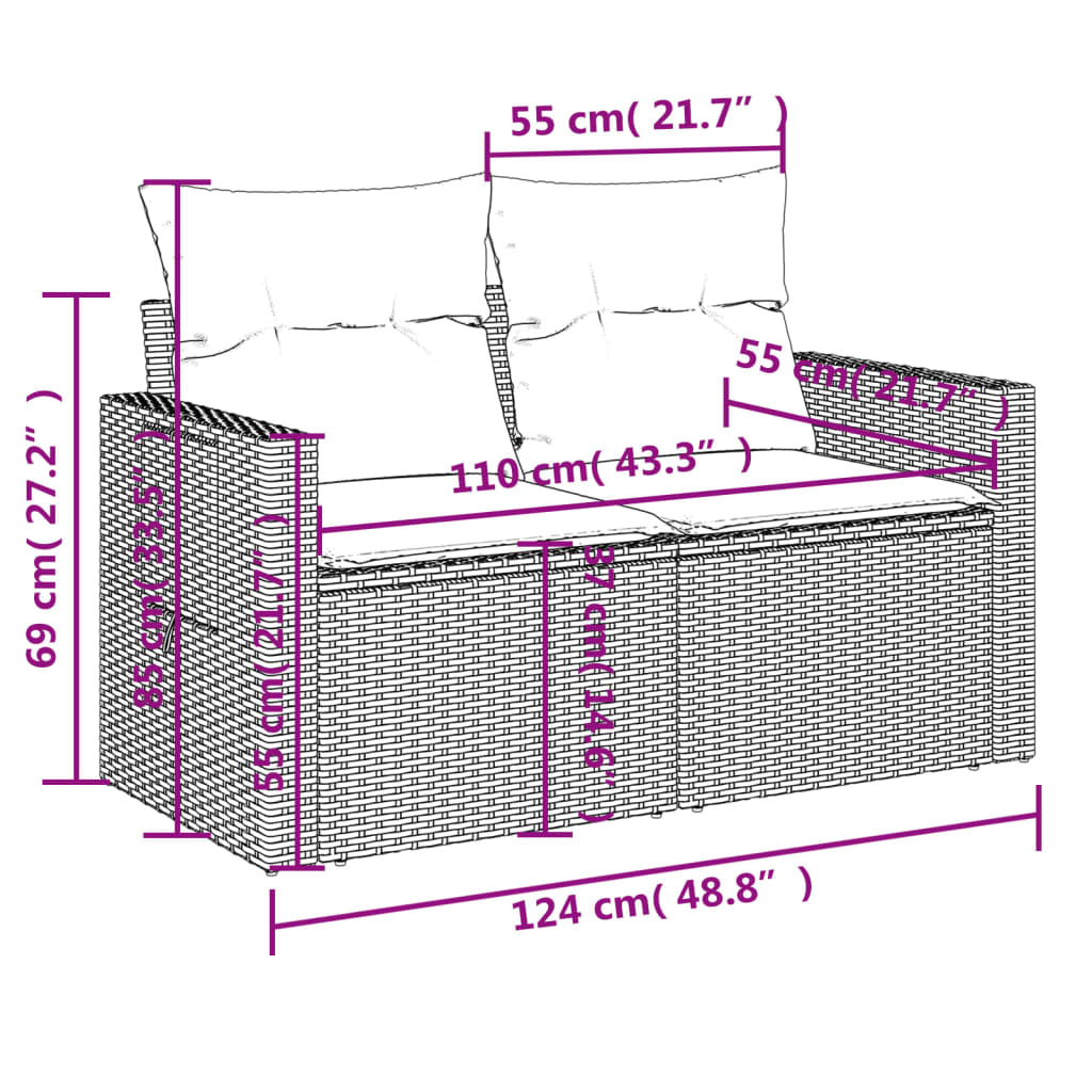 6-teiliges Gartensofa-Set mit Kissen, grau, Polyrattan