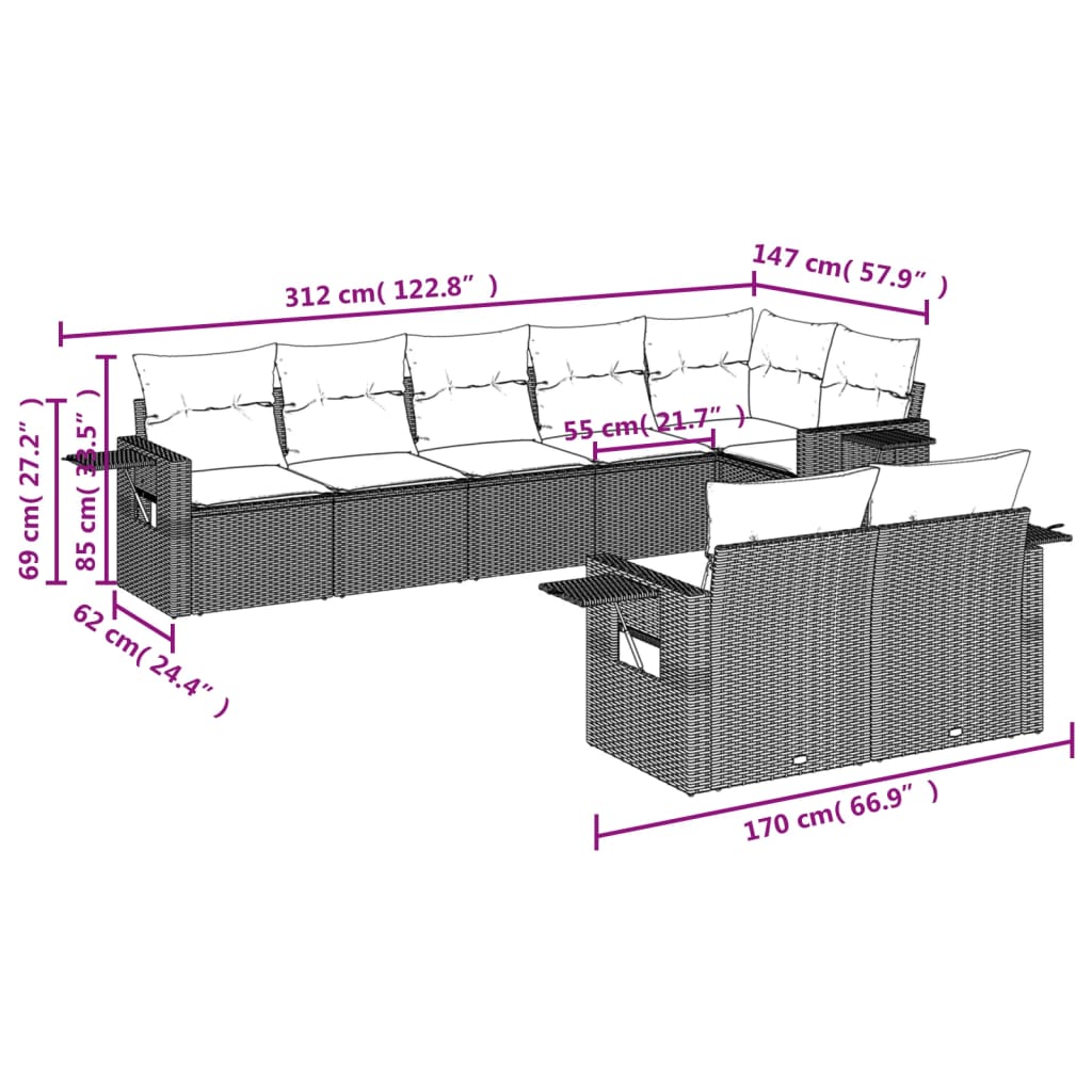 8-teiliges Gartensofa-Set mit Kissen, schwarzes Polyrattan