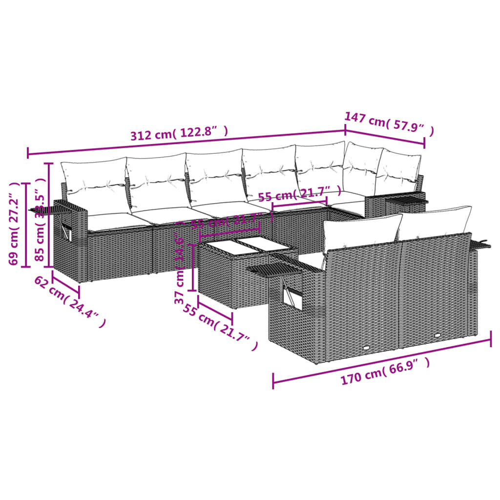 9-teiliges Gartensofa-Set mit Kissen, braun, Polyrattan