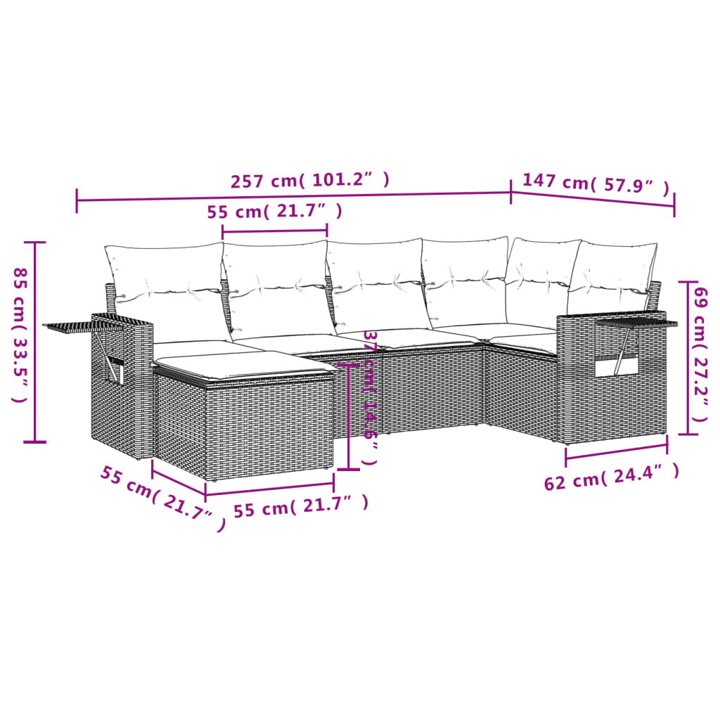 6-teiliges Gartensofa-Set mit Kissen, grau, Polyrattan