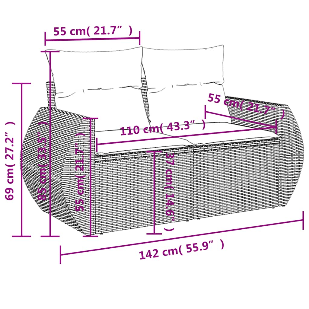 8-teiliges Gartensofa-Set mit Kissen, schwarzes Polyrattan