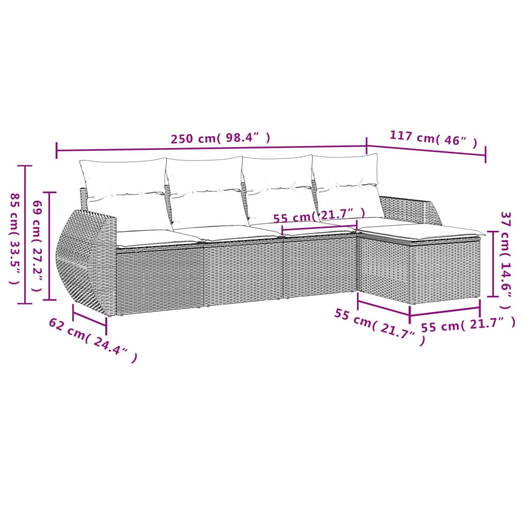 5-teiliges Gartensofa-Set mit Kissen, braun, Polyrattan