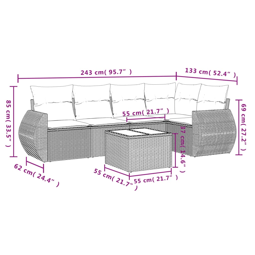 6-teiliges Gartensofa-Set mit Kissen, schwarzes Polyrattan