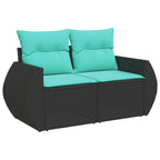 5-teiliges Gartensofa-Set mit Kissen, schwarzes Polyrattan