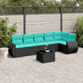 7-teiliges Gartensofa-Set mit Kissen, schwarzes Polyrattan