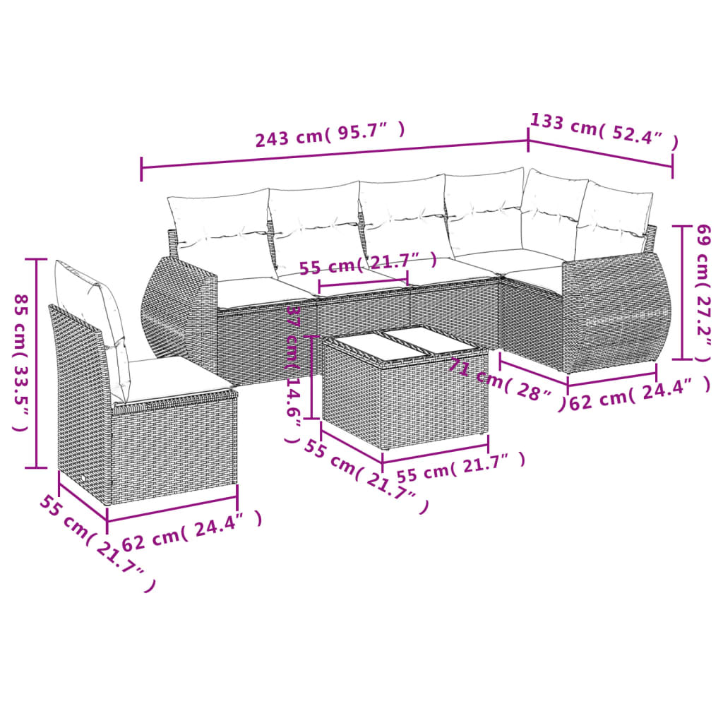 7-tlg. Garten-Sofagarnitur mit Kissen Braun Poly Rattan