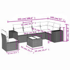 7-teiliges Gartensofa-Set mit Kissen, schwarzes Polyrattan