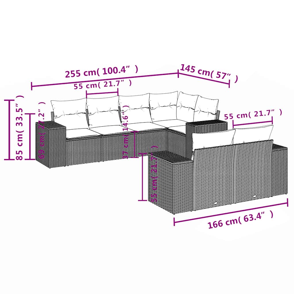 7-tlg. Garten-Sofagarnitur mit Kissen Schwarz Poly Rattan