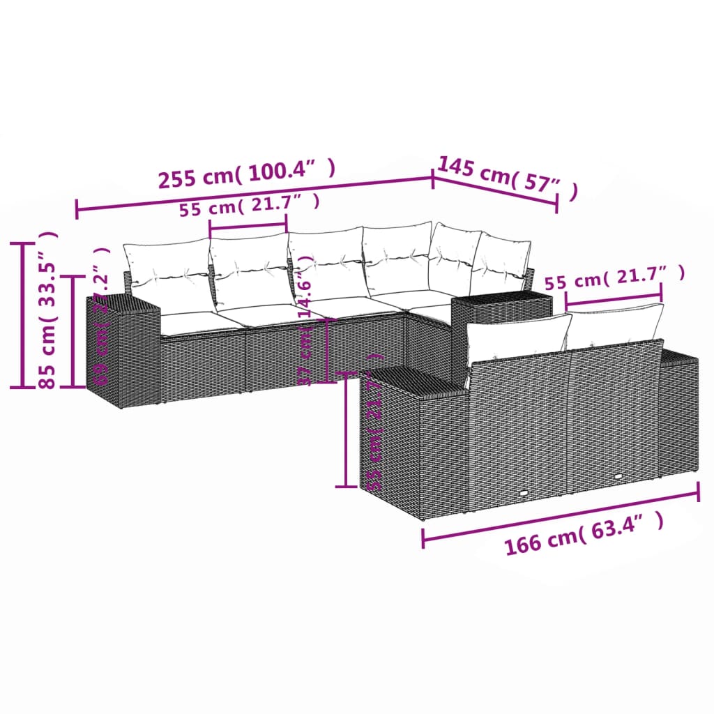 7-teiliges Gartensofa-Set mit Kissen, grau, Polyrattan