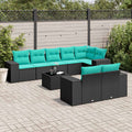 9-teiliges Gartensofa-Set mit Kissen, schwarzes Polyrattan