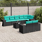 9-teiliges Gartensofa-Set mit Kissen, schwarzes Polyrattan