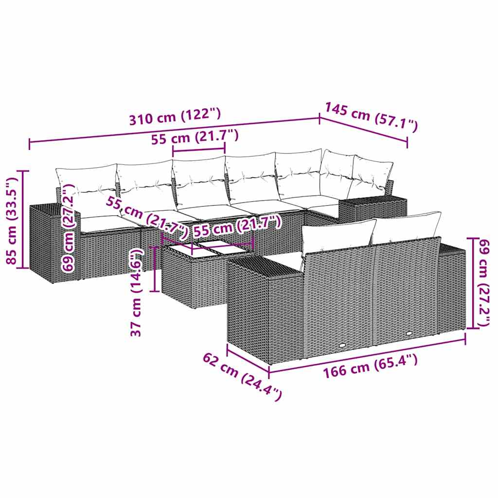 9-tlg. Garten-Sofagarnitur mit Kissen Hellgrau Poly Rattan